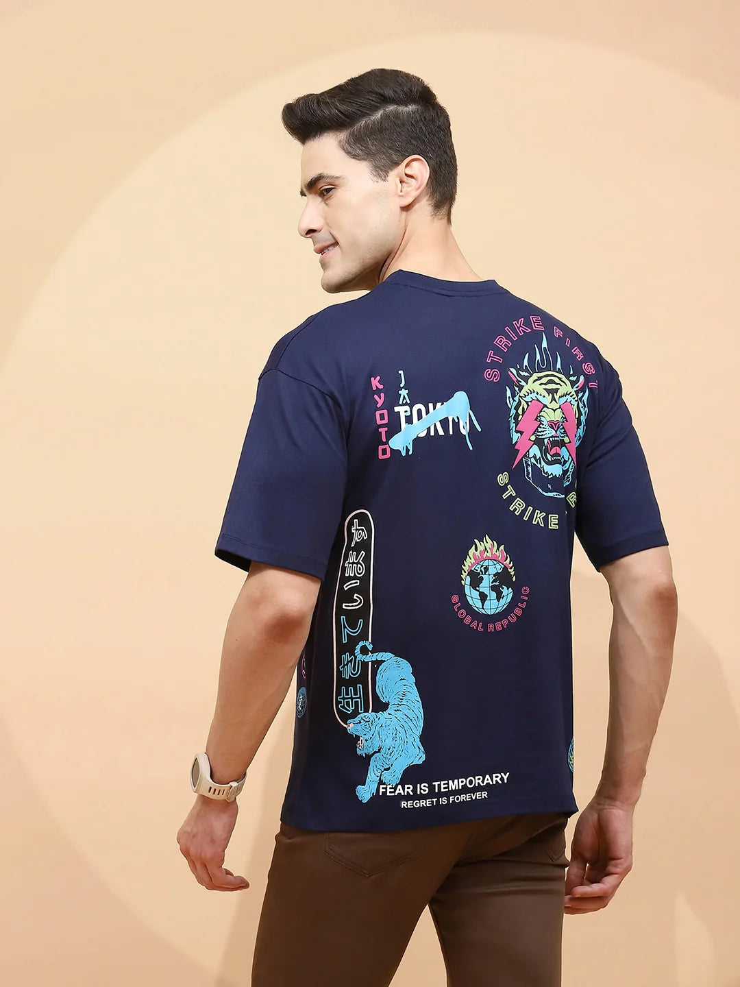 Navy Cotton Regular Fit T-Shirt For Men - Global Republic