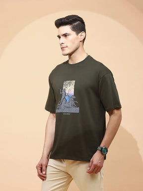 Olive Viscose Blend Regular Fit T-Shirt For Men