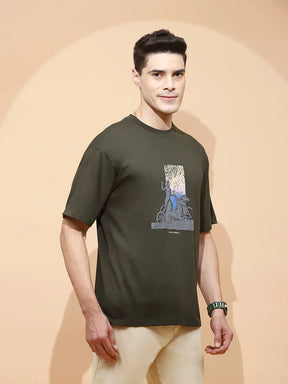 Olive Viscose Blend Regular Fit T-Shirt For Men