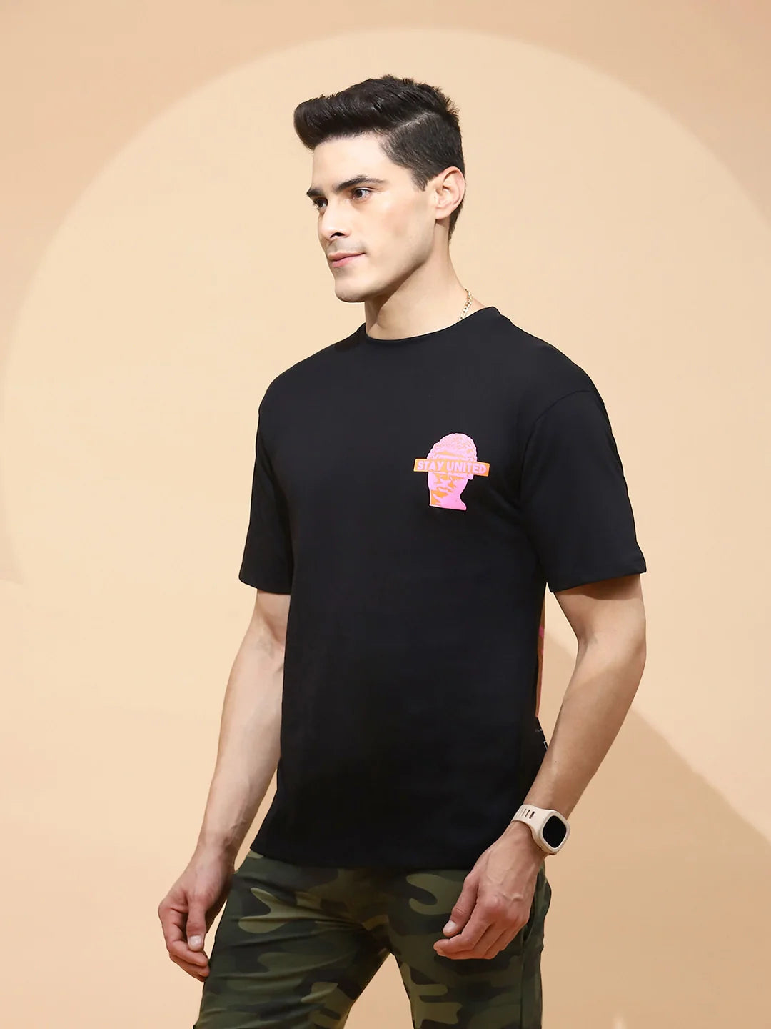 Black Cotton Regular Fit T-Shirt For Men
