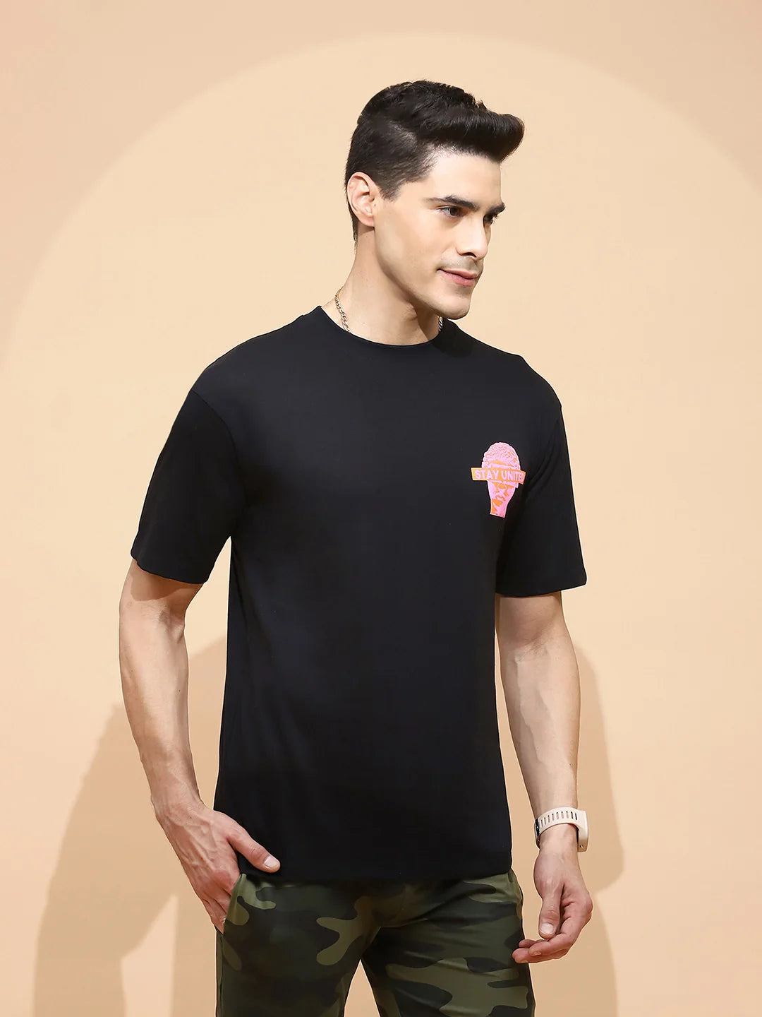 Black Cotton Regular Fit T-Shirt For Men