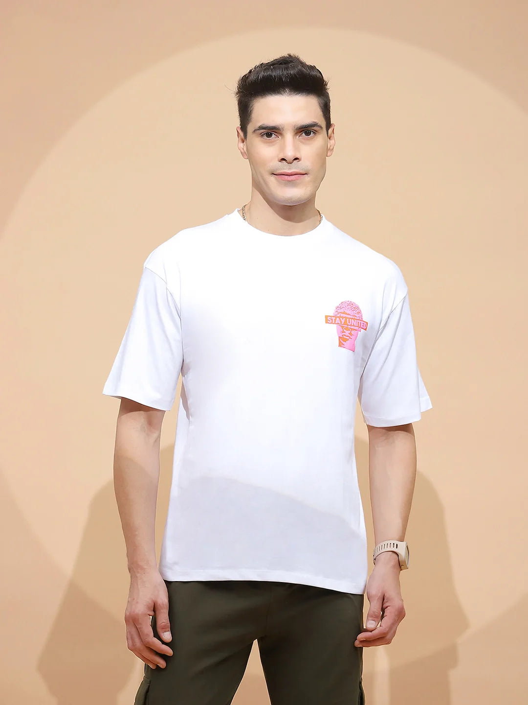 White Cotton Regular Fit T-Shirt For Men