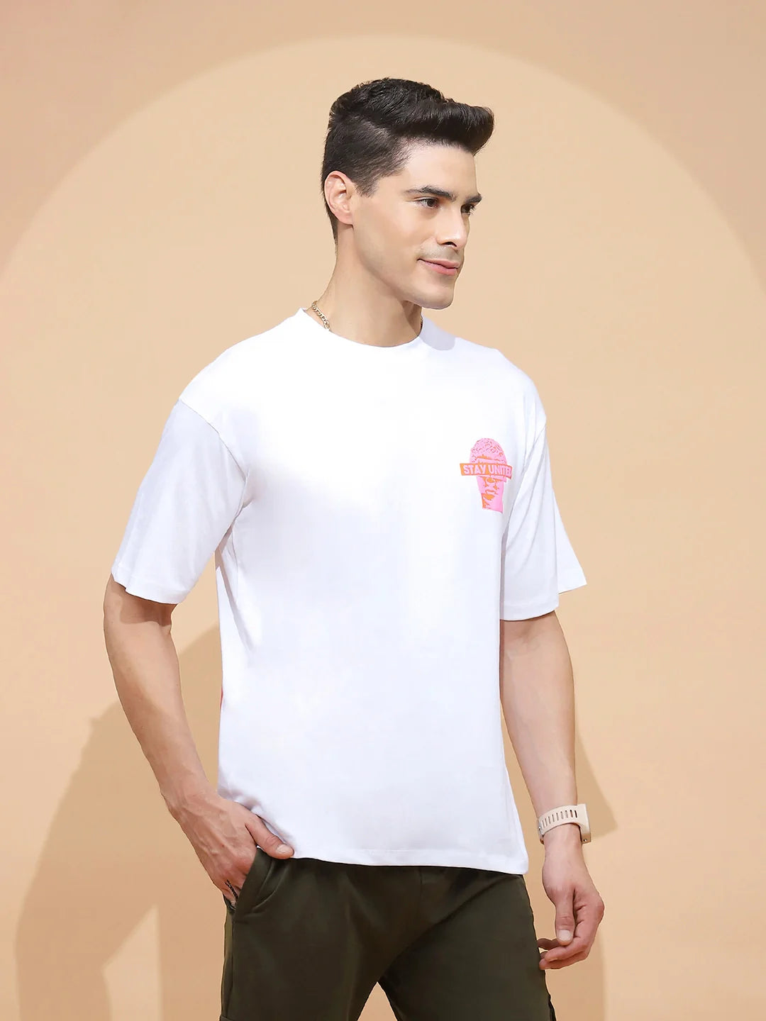 White Cotton Regular Fit T-Shirt For Men