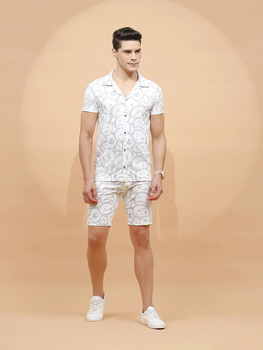White Viscose Blend Regular Fit Shorts Set For Men
