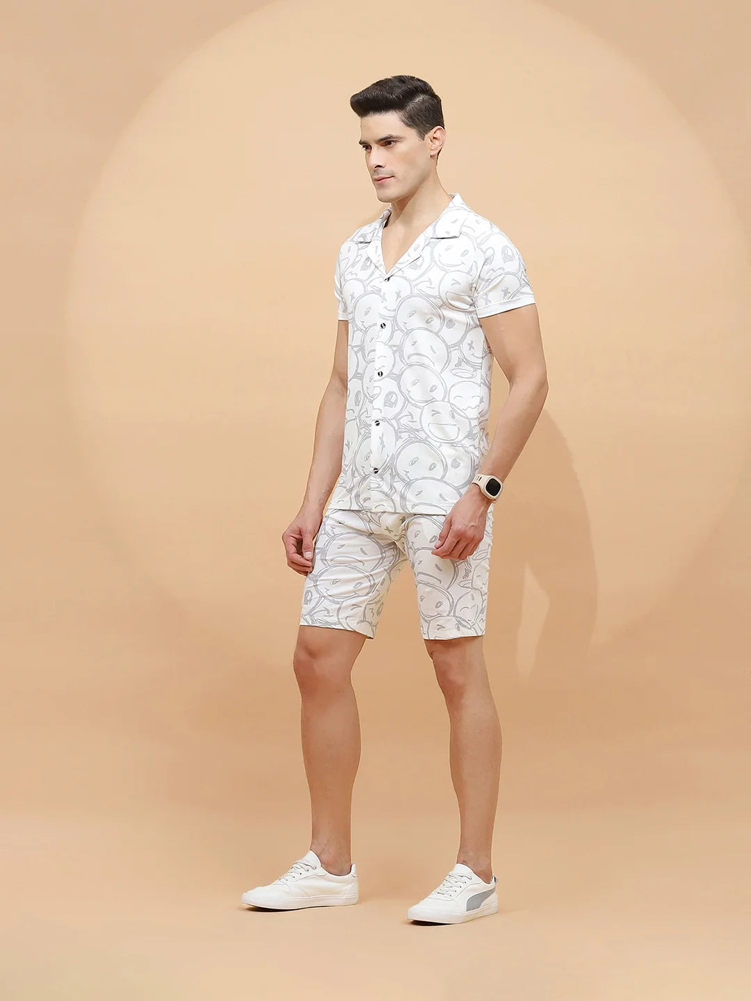 White Viscose Blend Regular Fit Shorts Set For Men - Global Republic