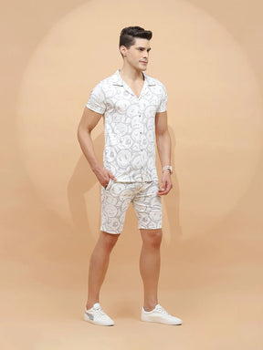 White Viscose Blend Regular Fit Shorts Set For Men