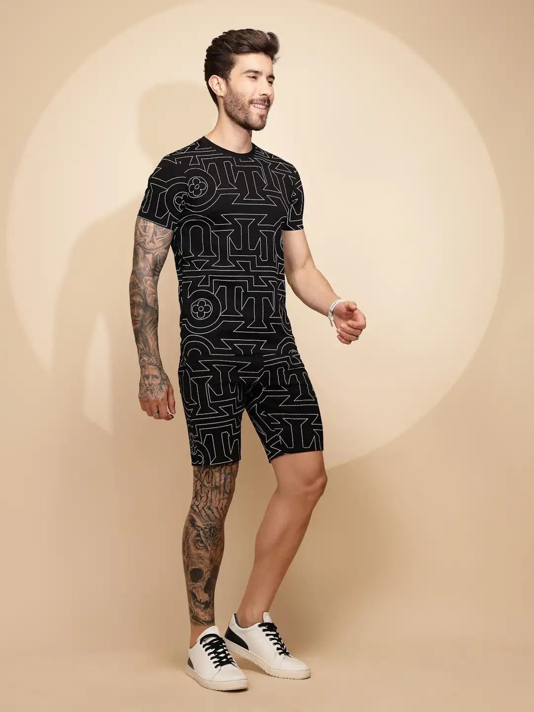 Black Viscose Blend Regular Fit Shorts Set For Men