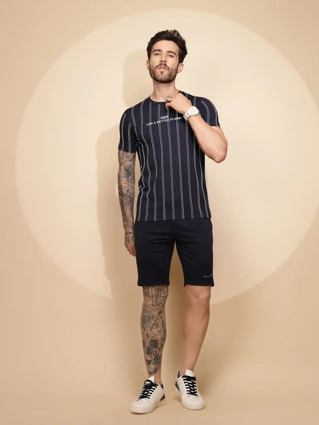 Navy Blue Viscose Blend Regular Fit Shorts Set For Men - Global Republic