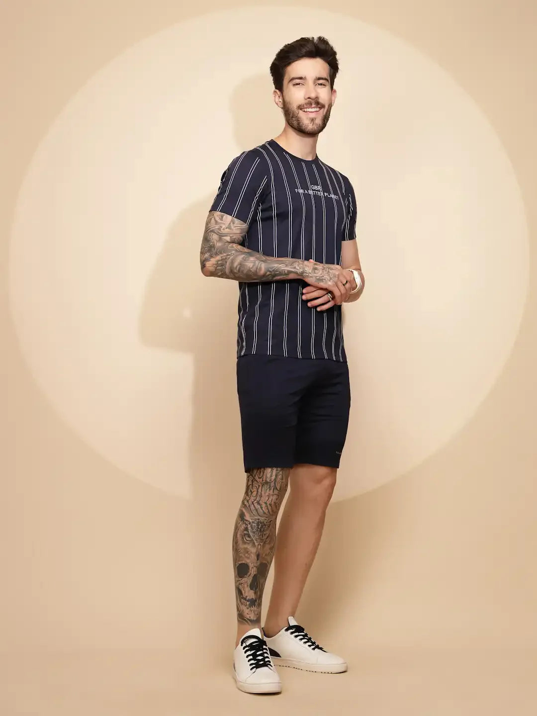 Navy Blue Viscose Blend Regular Fit Shorts Set For Men - Global Republic