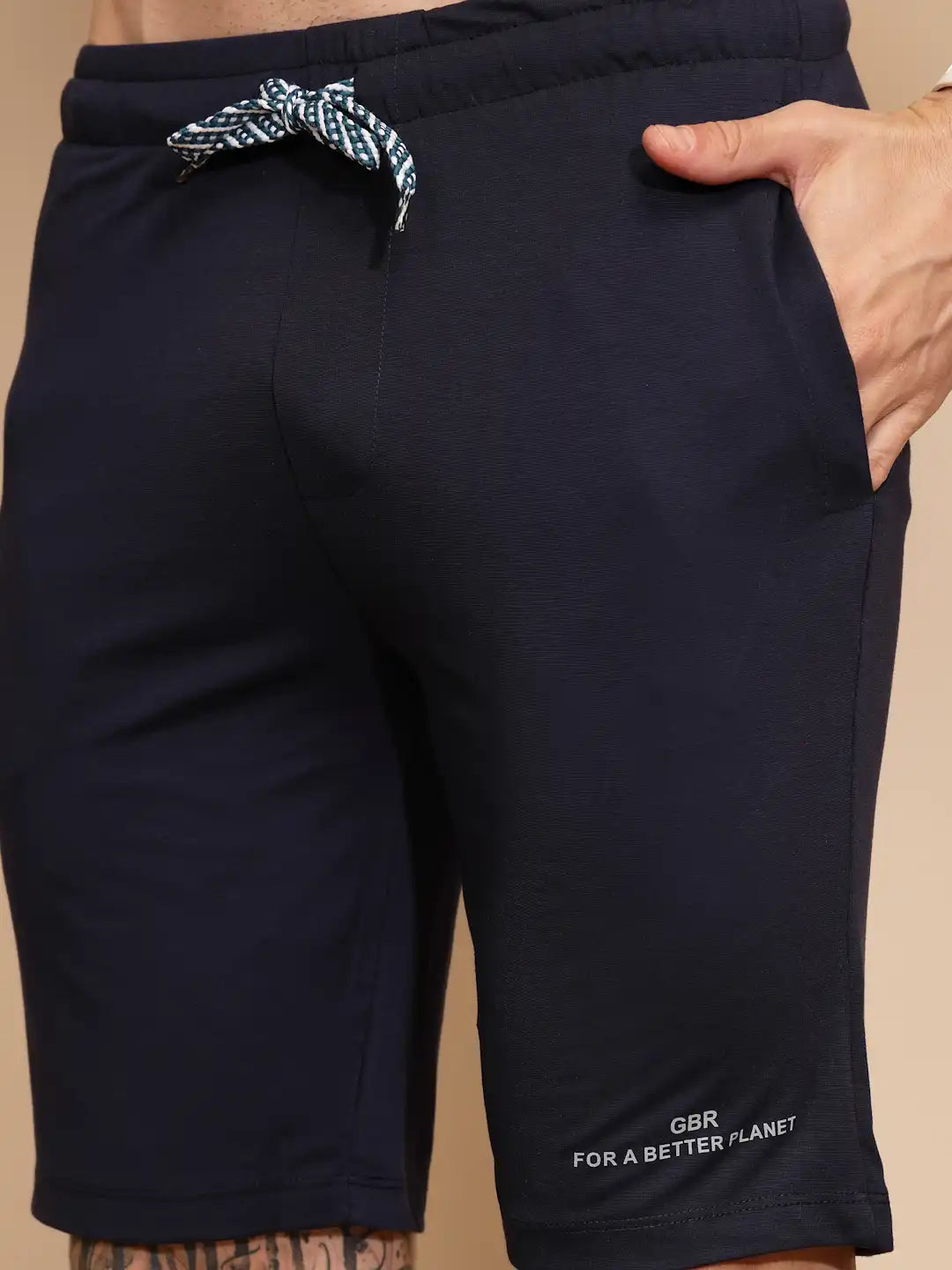 Navy Blue Viscose Blend Regular Fit Shorts Set For Men