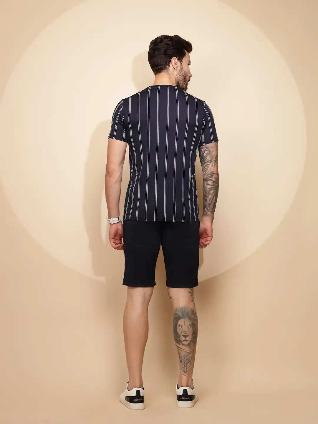 Navy Blue Viscose Blend Regular Fit Shorts Set For Men