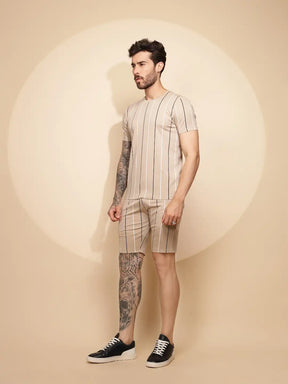 Brown Viscose Blend Regular Fit Shorts Set For Men