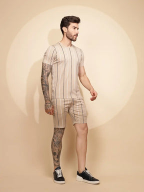 Brown Viscose Blend Regular Fit Shorts Set For Men