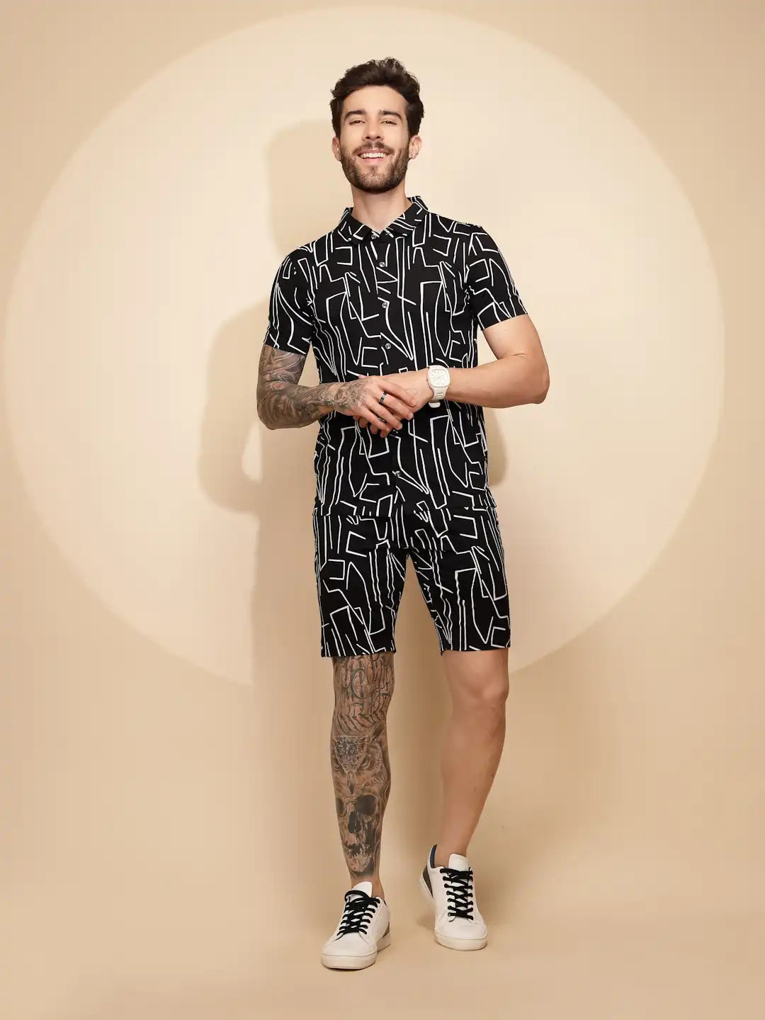 Black Viscose Blend Regular Fit Shorts Set - Global Republic