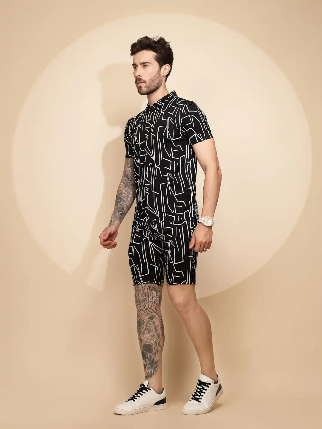Black Viscose Blend Regular Fit Shorts Set - Global Republic