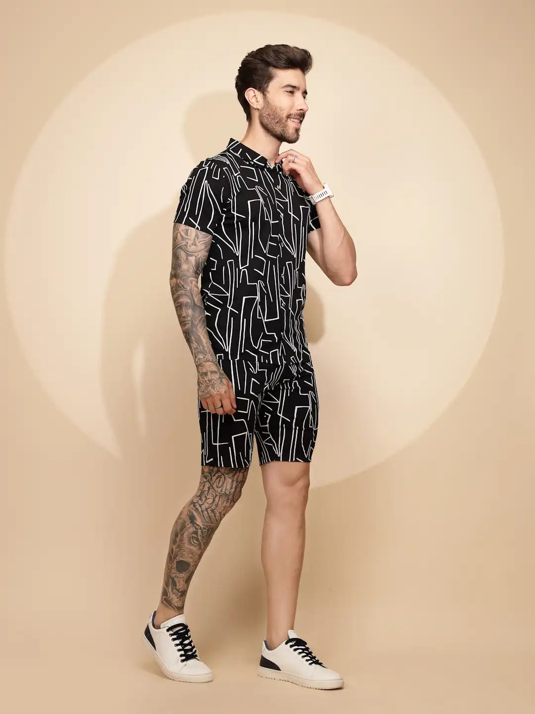 Black Viscose Blend Regular Fit Shorts Set - Global Republic