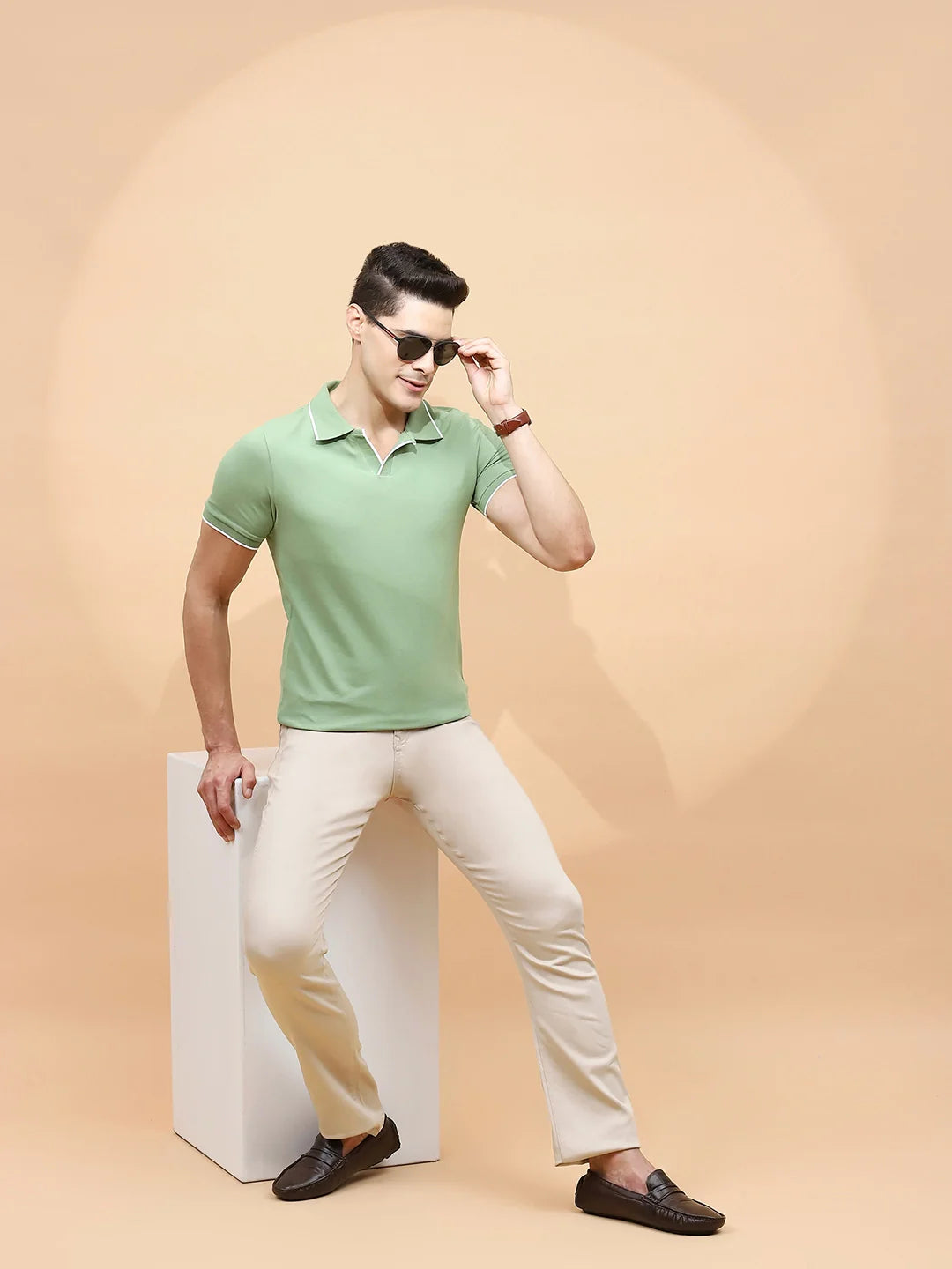 Sage Green Cotton Blend Regular Fit T-Shirt For Men