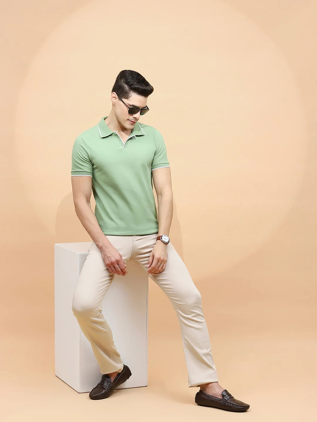 Sage Green Cotton Blend Regular Fit T-Shirt For Men