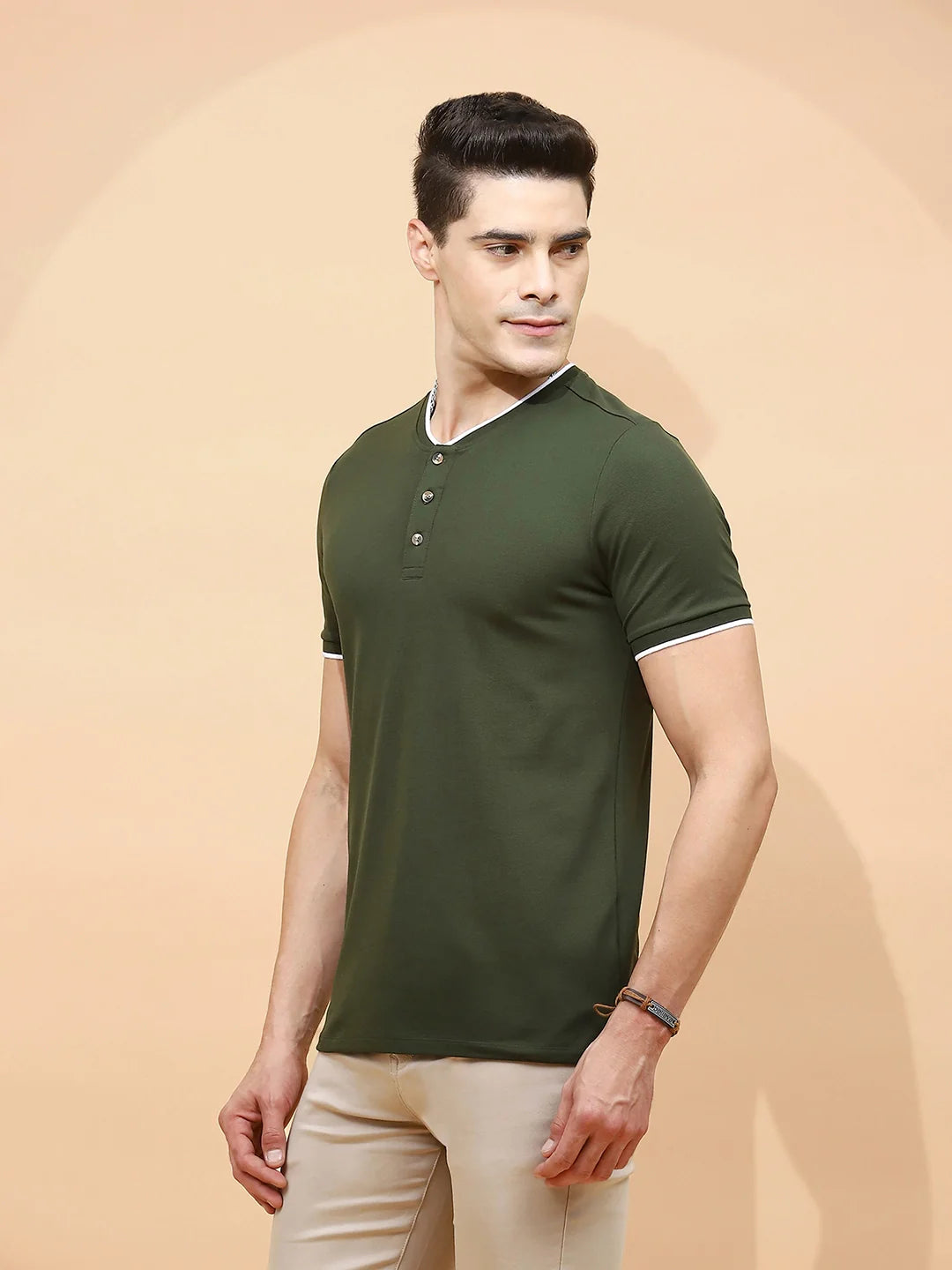 Dark Olive Cotton Blend Regular Fit T-Shirt For Men - Global Republic