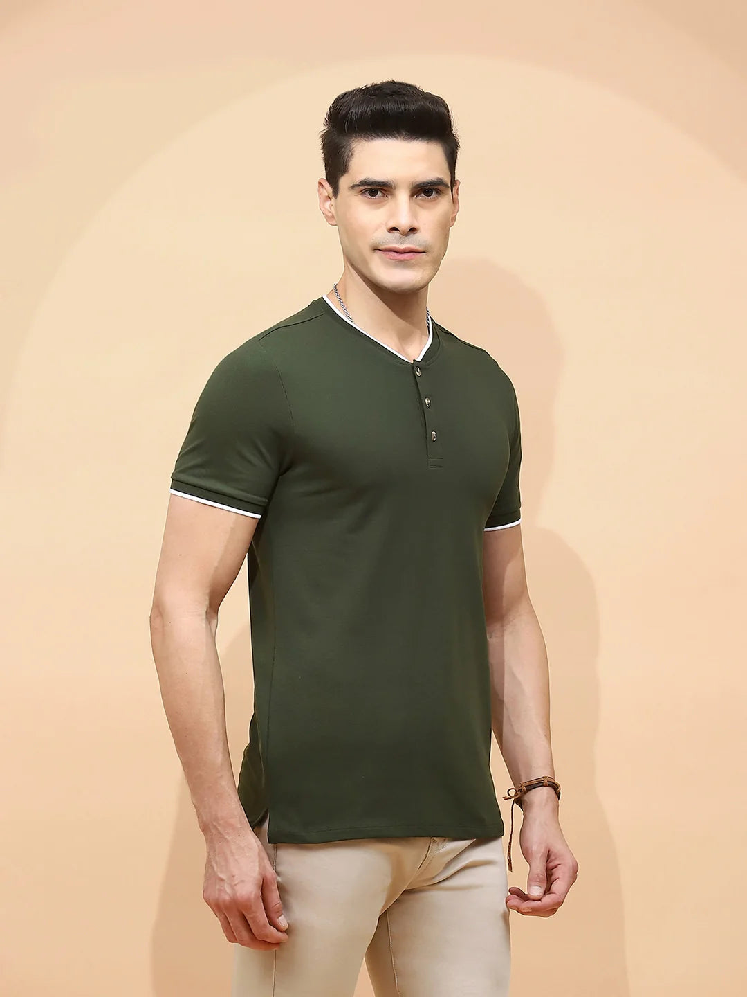 Dark Olive Cotton Blend Regular Fit T-Shirt For Men - Global Republic