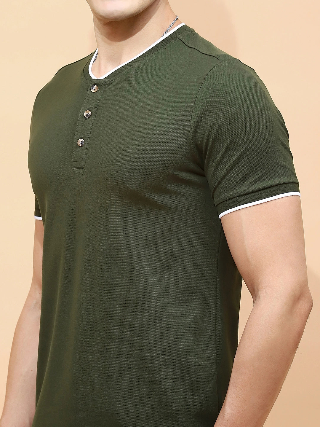 Dark Olive Cotton Blend Regular Fit T-Shirt For Men - Global Republic