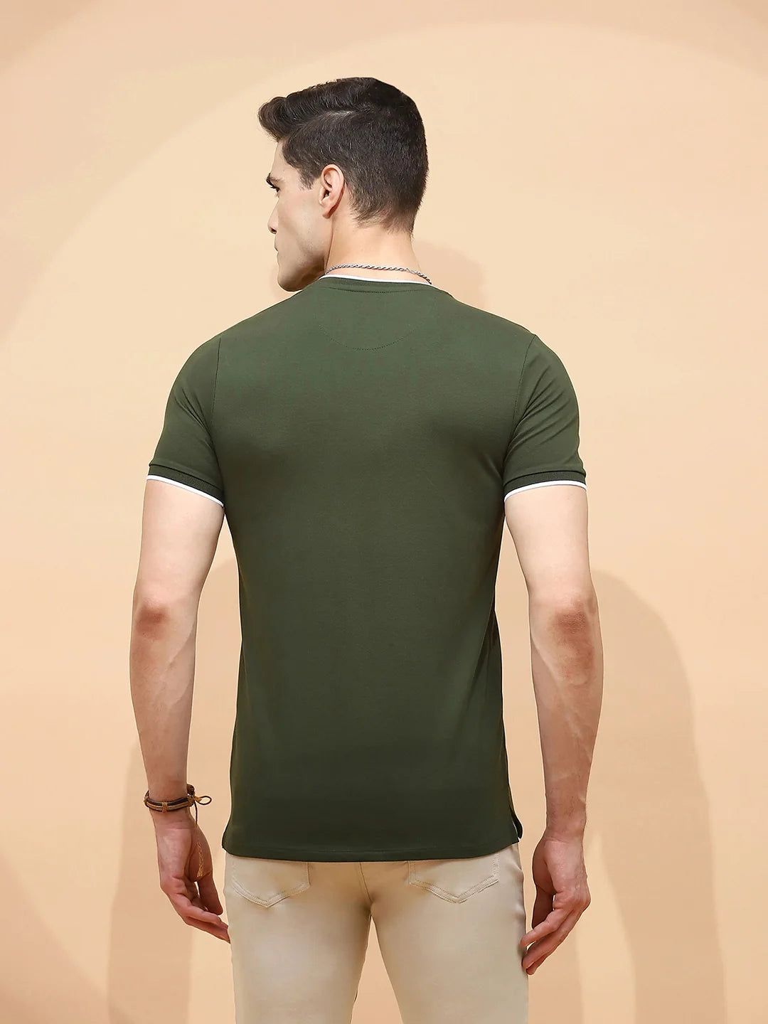 Dark Olive Cotton Blend Regular Fit T-Shirt For Men - Global Republic