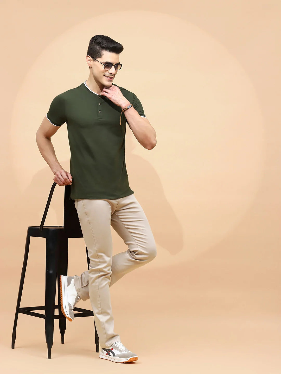 Dark Olive Cotton Blend Regular Fit T-Shirt For Men