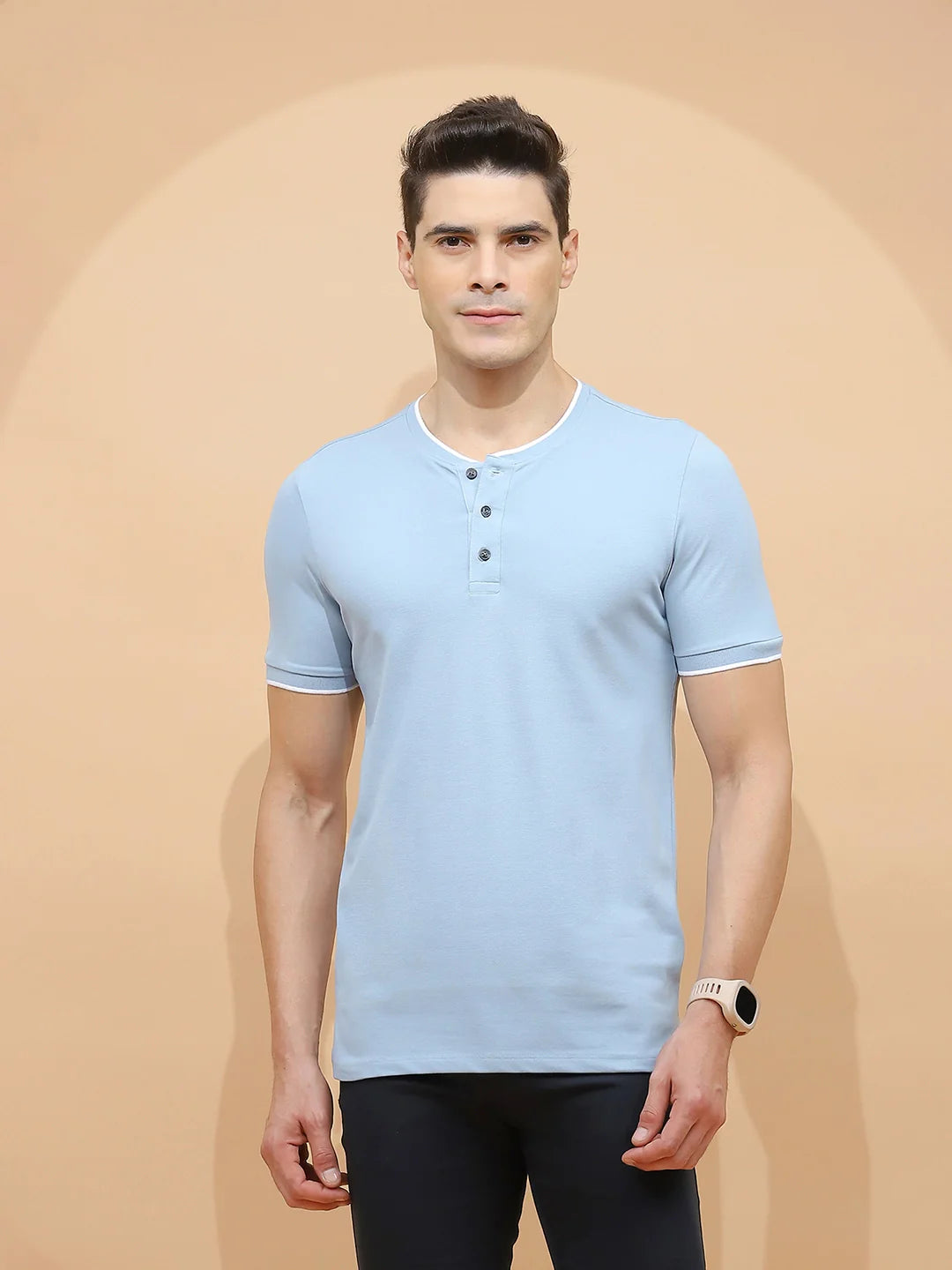 Sky Blue Cotton Blend Regular Fit T-Shirt For Men