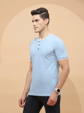 Sky Blue Cotton Blend Regular Fit T-Shirt For Men