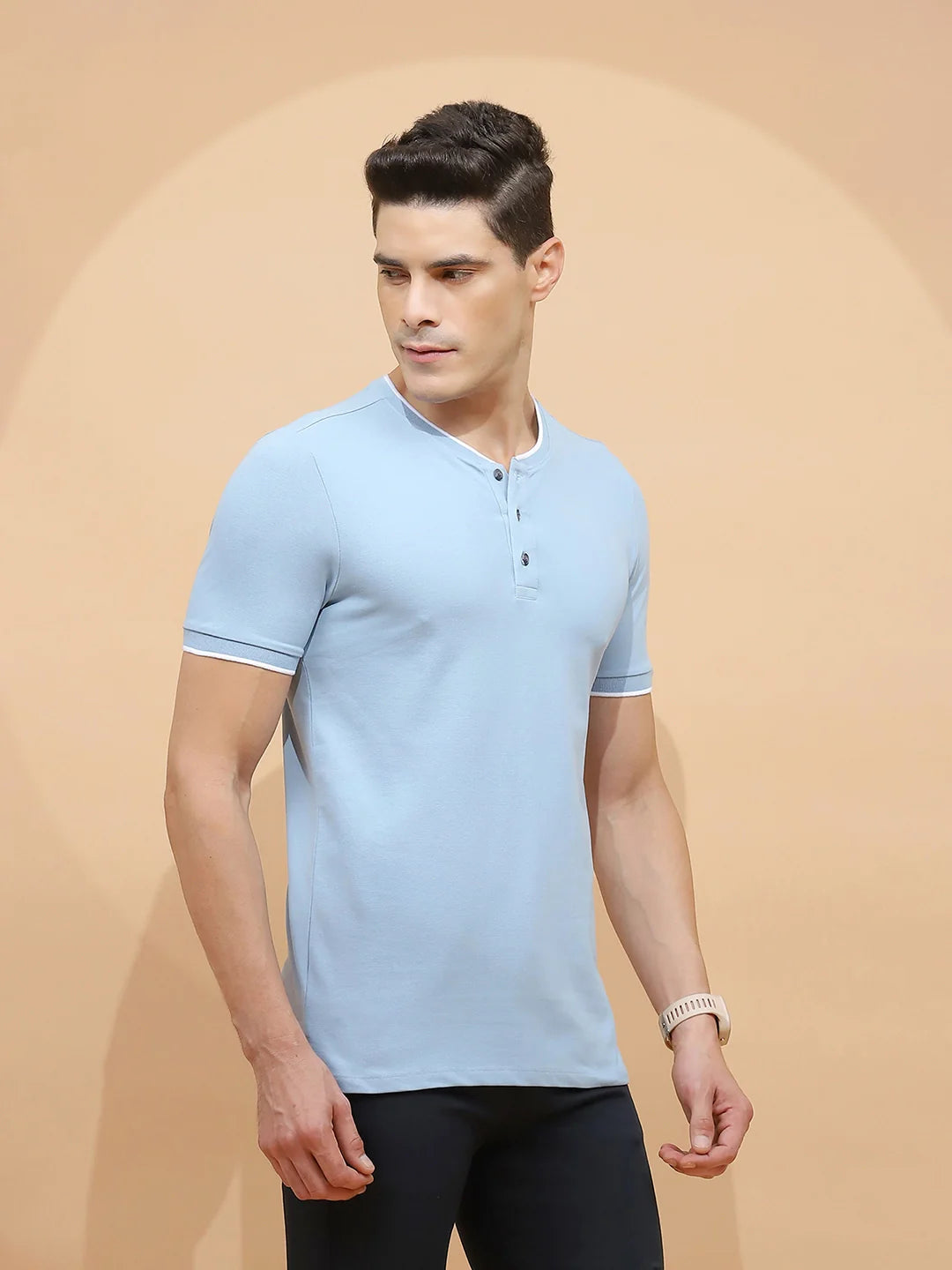 Sky Blue Cotton Blend Regular Fit T-Shirt For Men