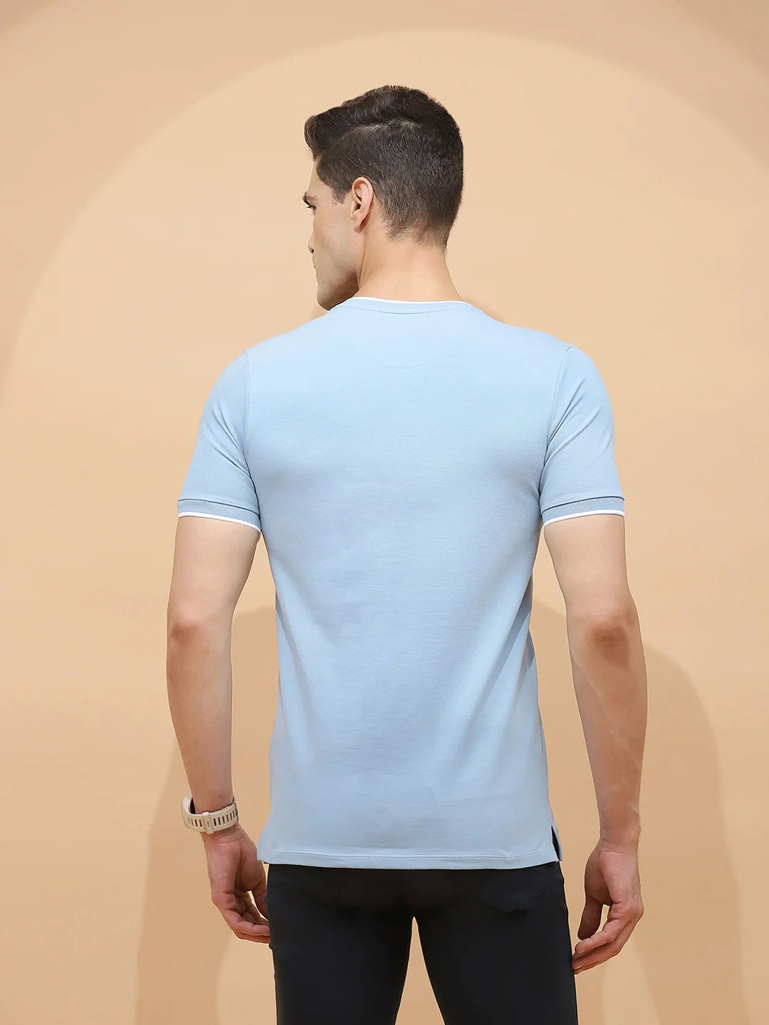 Sky Blue Cotton Blend Regular Fit T-Shirt For Men