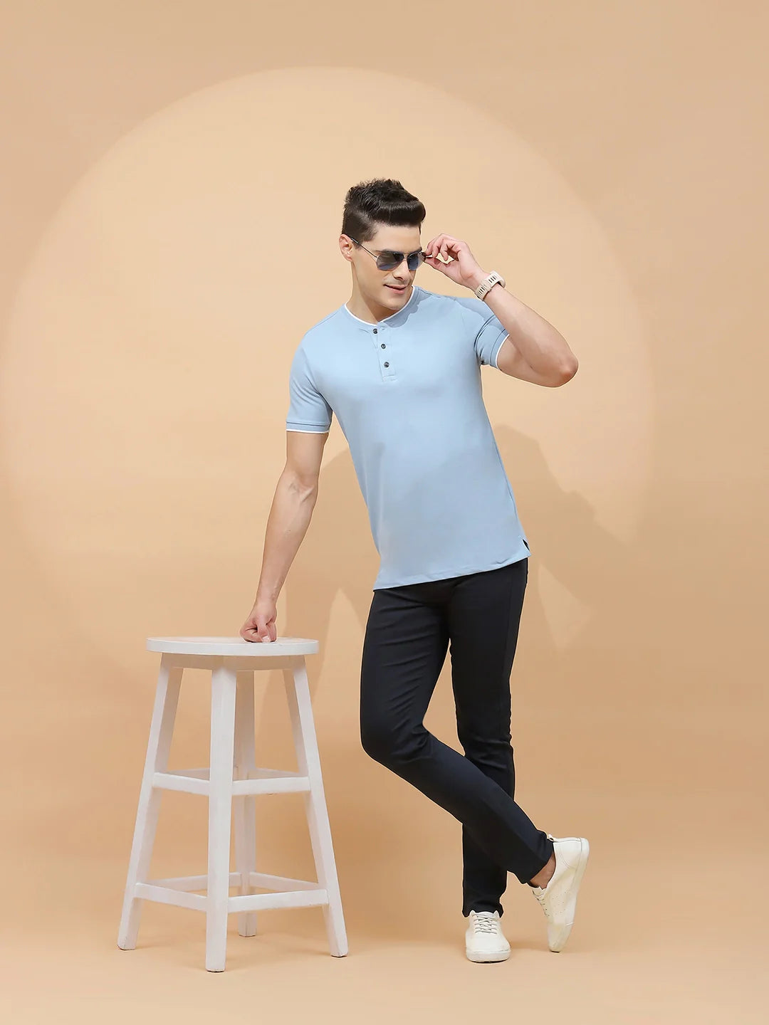 Sky Blue Cotton Blend Regular Fit T-Shirt For Men