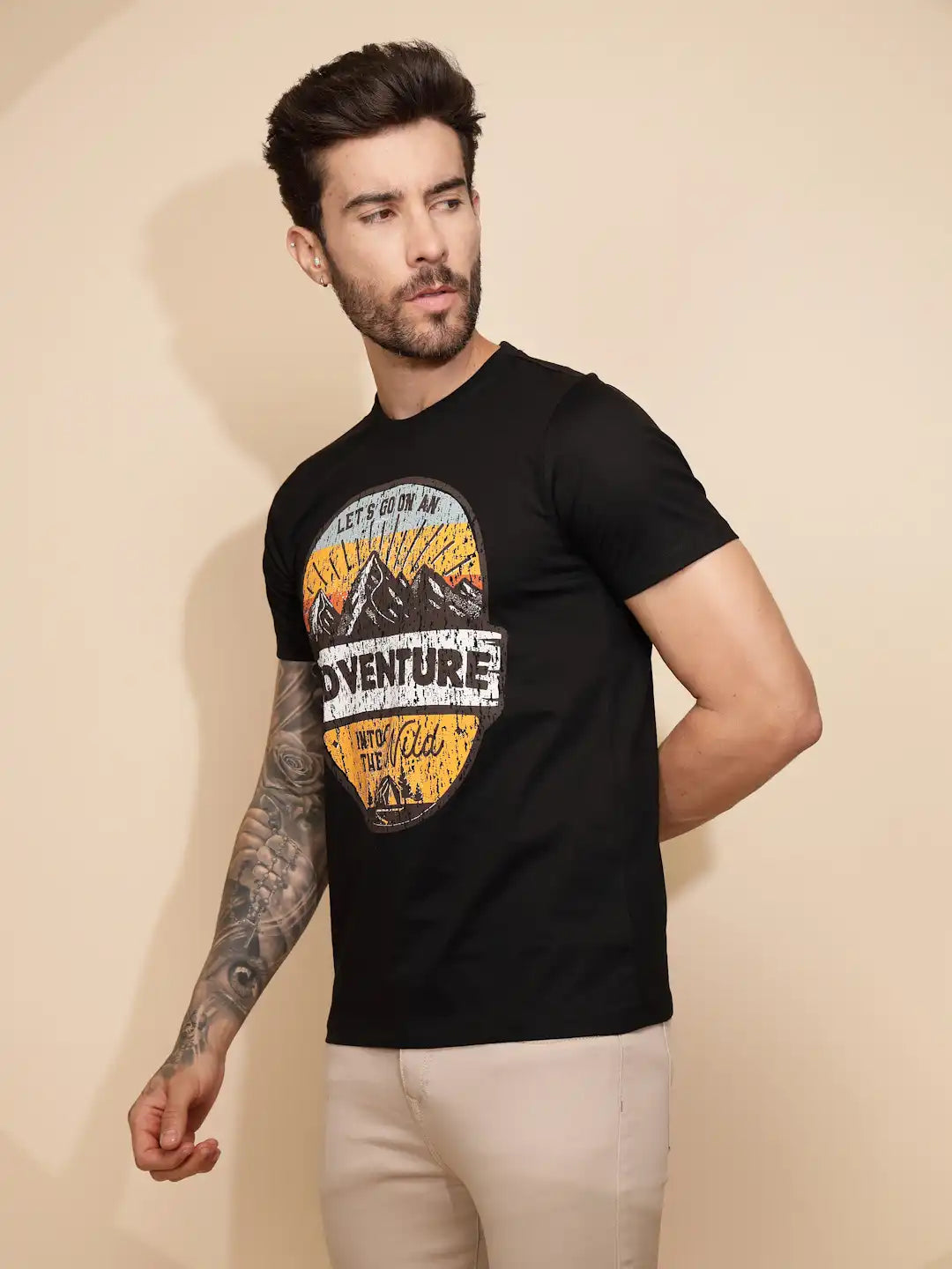 Black Cotton Regular Fit T-Shirt - Global Republic