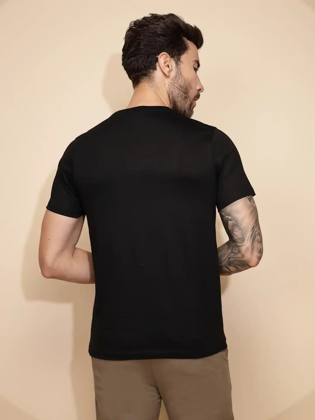 Black Cotton Regular Fit T-Shirt For Men