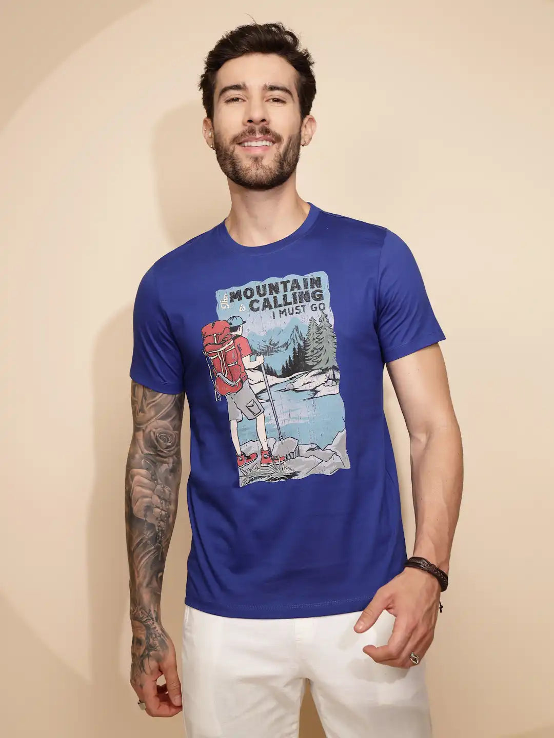 Blue Cotton Regular Fit T-Shirt For Men
