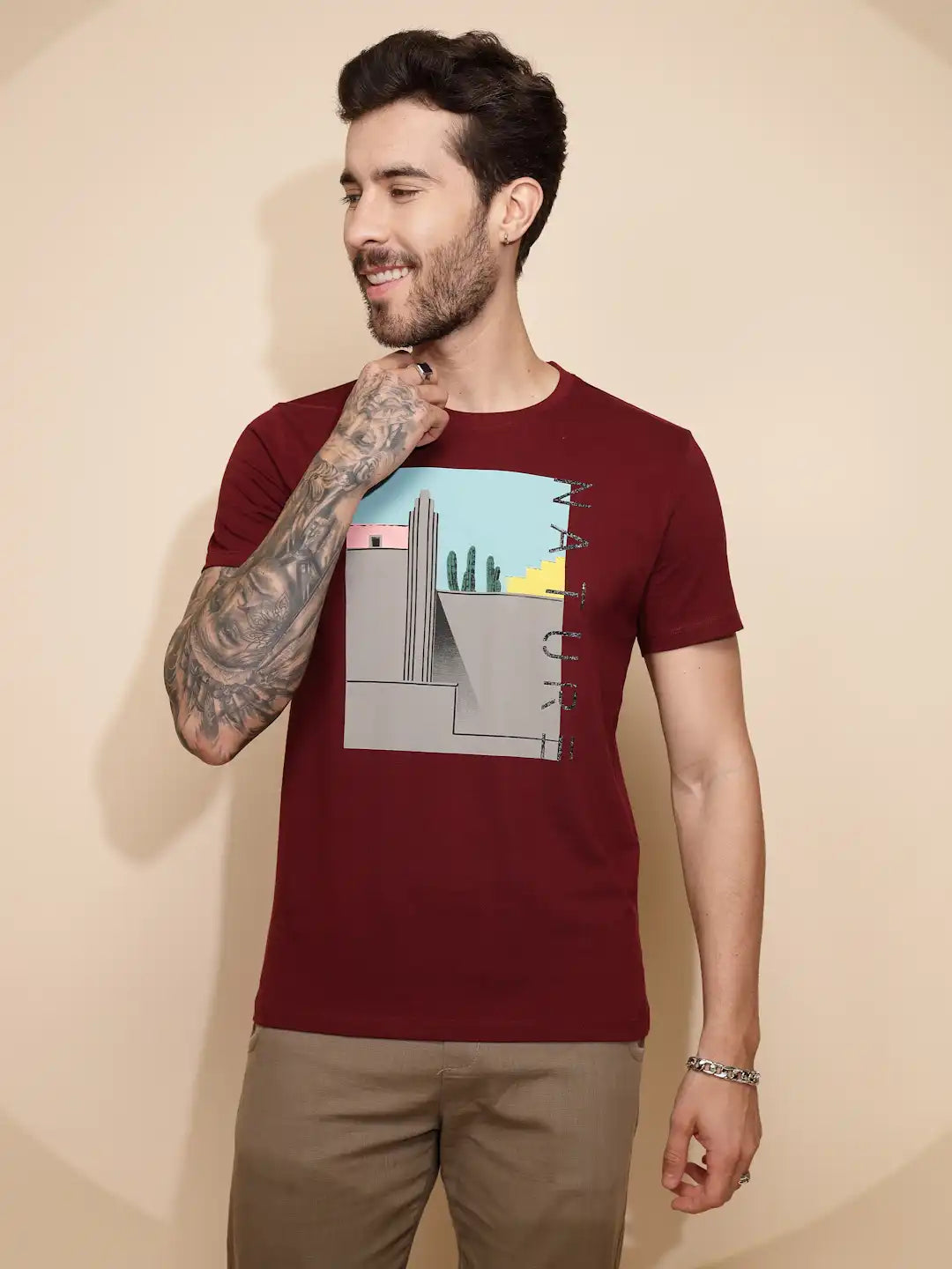 Maroon Cotton Regular Fit T-Shirt - Global Republic