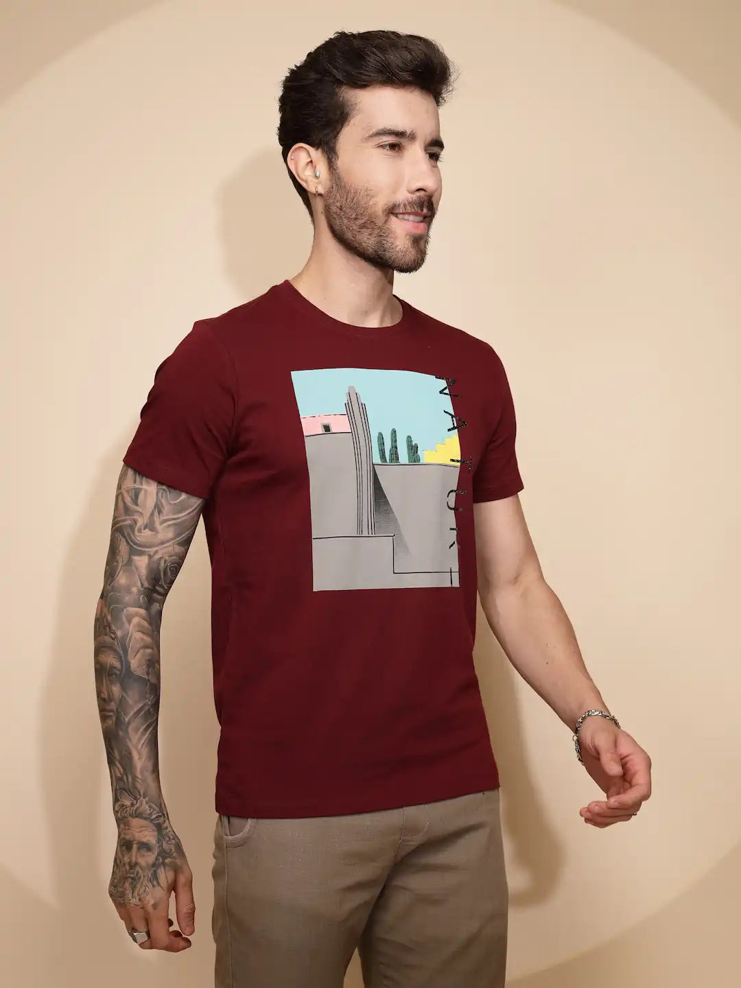 Maroon Cotton Regular Fit T-Shirt - Global Republic