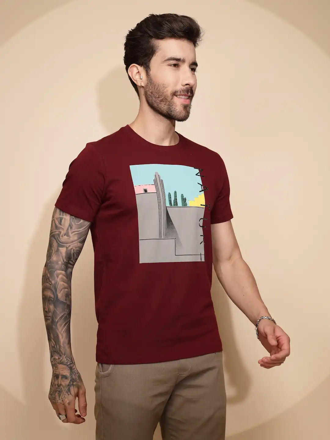 Maroon Cotton Regular Fit T-Shirt For Men