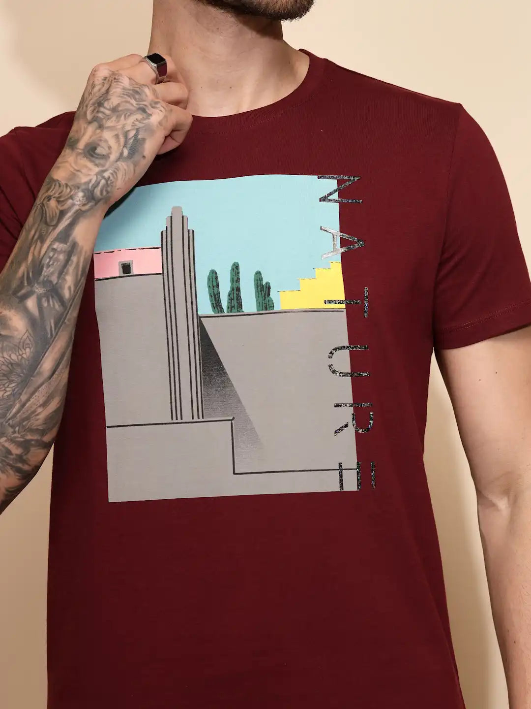 Maroon Cotton Regular Fit T-Shirt - Global Republic