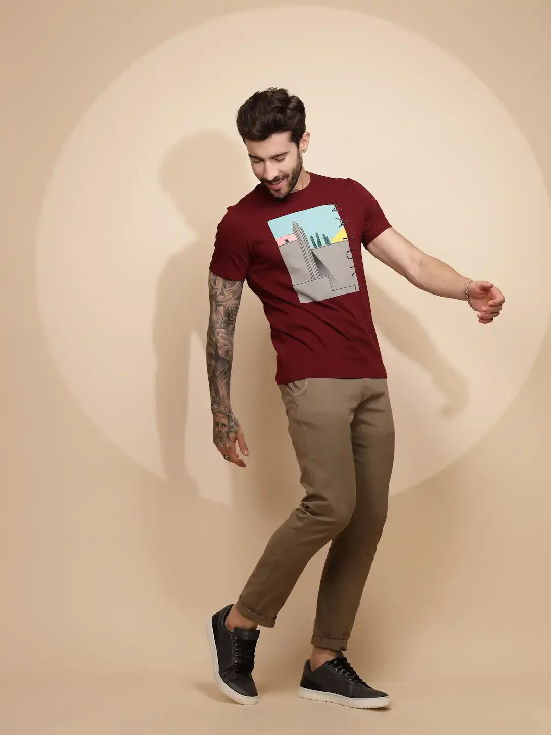 Maroon Cotton Regular Fit T-Shirt - Global Republic