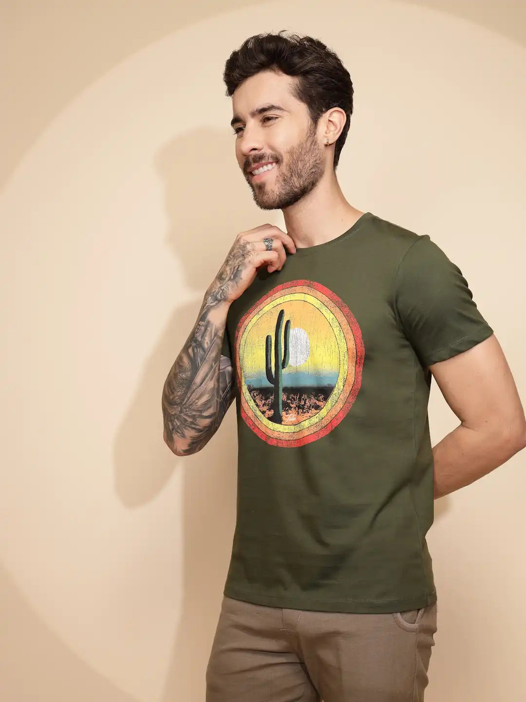 Green Cotton Regular Fit T-Shirt For Men