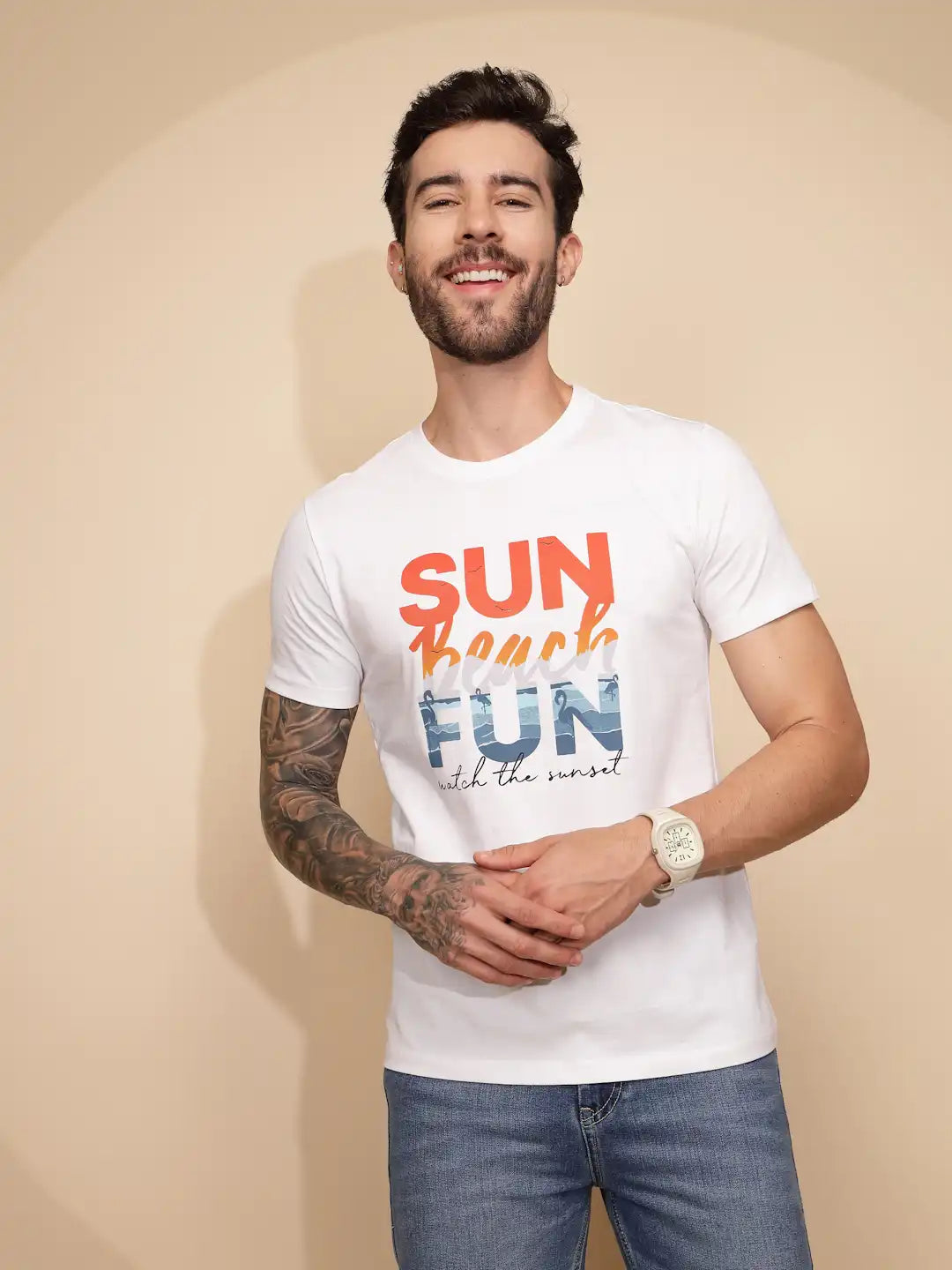 White Cotton Regular Fit T-Shirt For Men