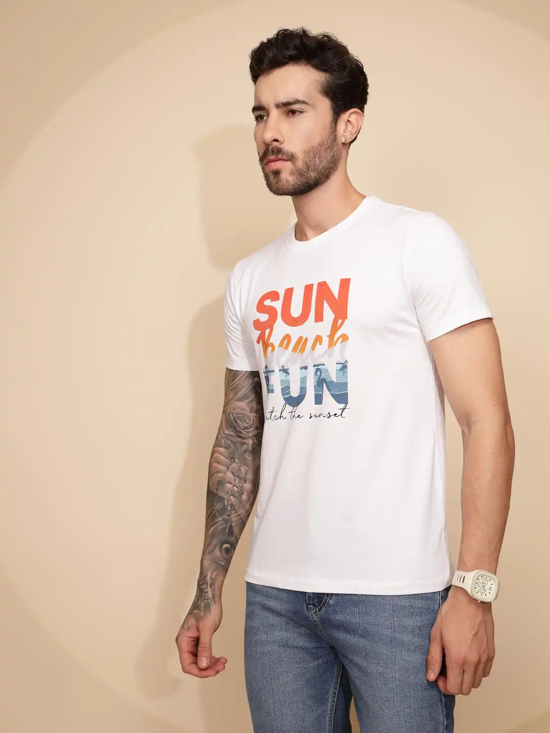 White Cotton Regular Fit T-Shirt For Men