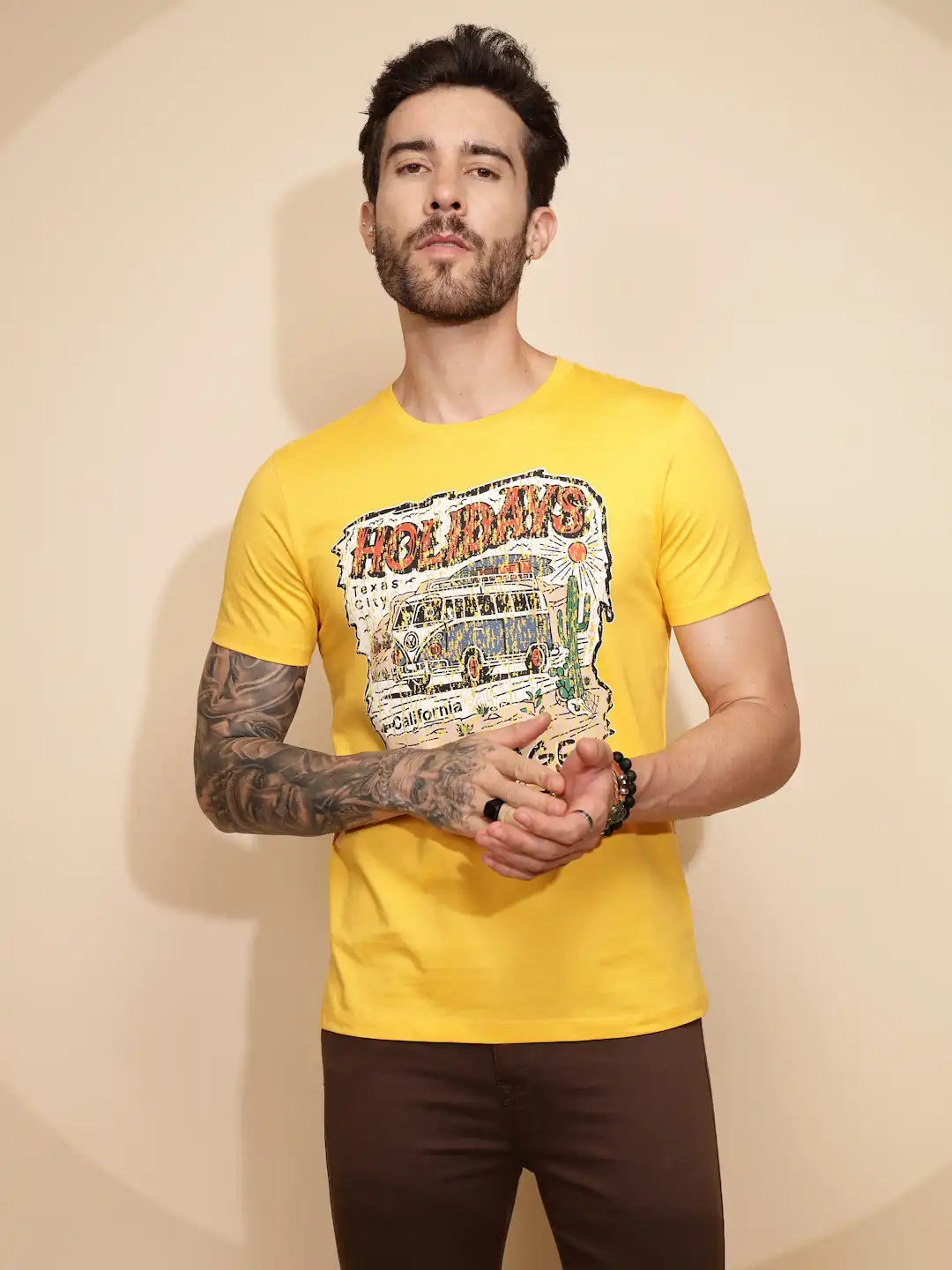 Yellow Cotton Regular Fit T-Shirt For Men - Global Republic