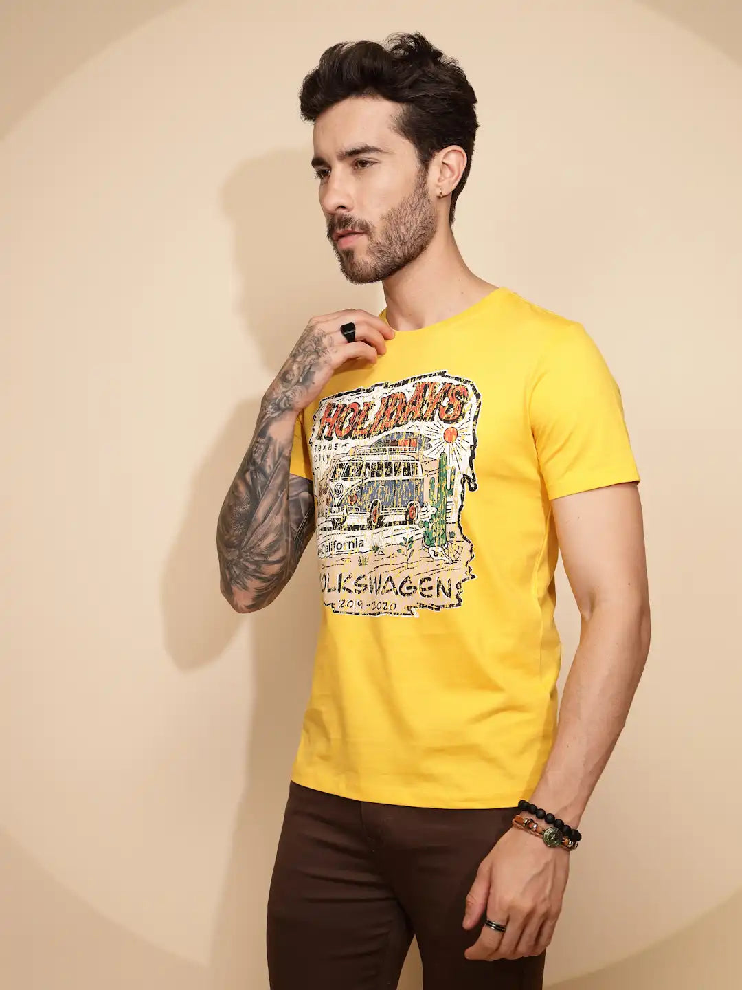 Yellow Cotton Regular Fit T-Shirt For Men