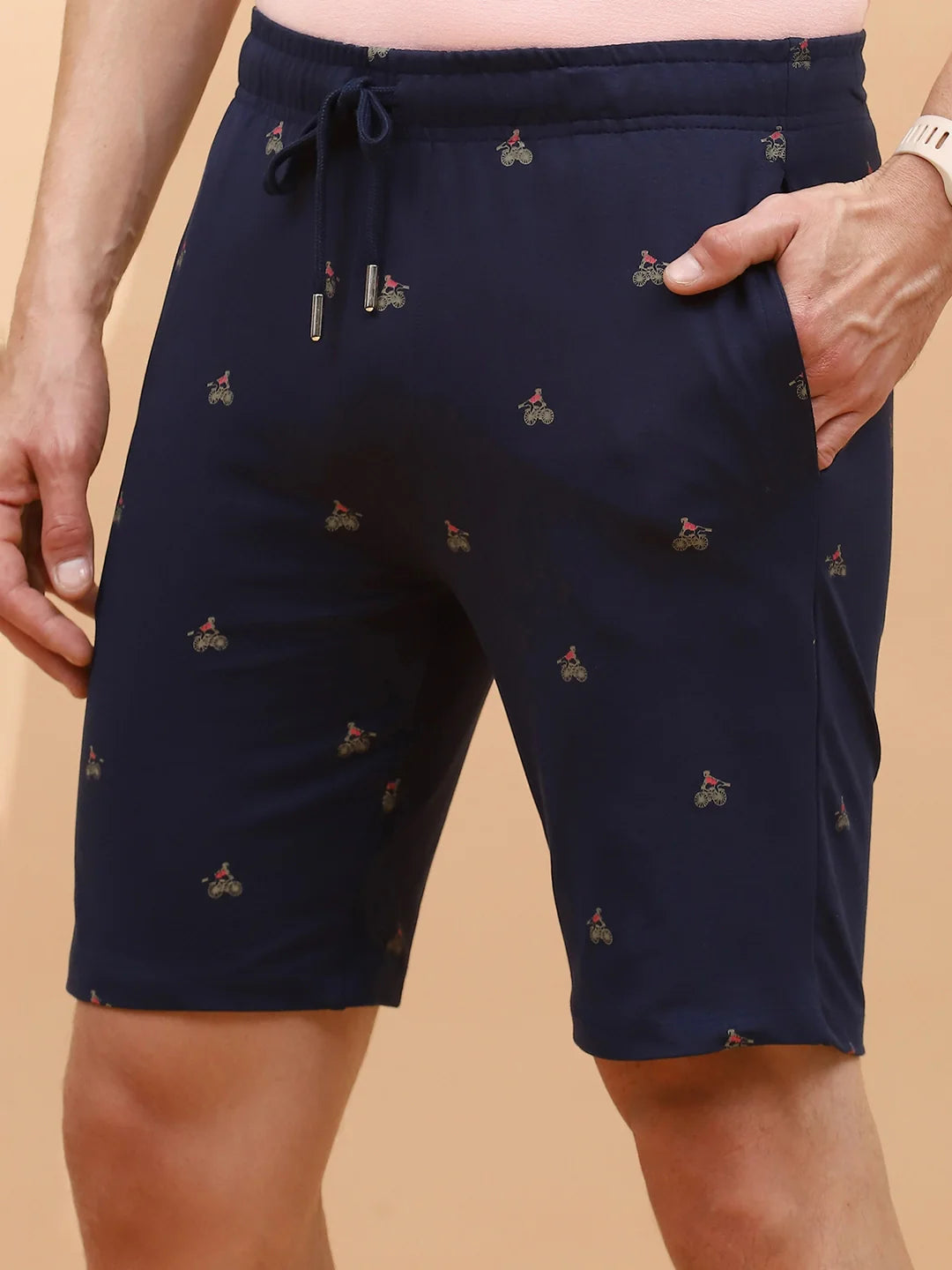 Navy Cotton Regular Fit Shorts For Men
