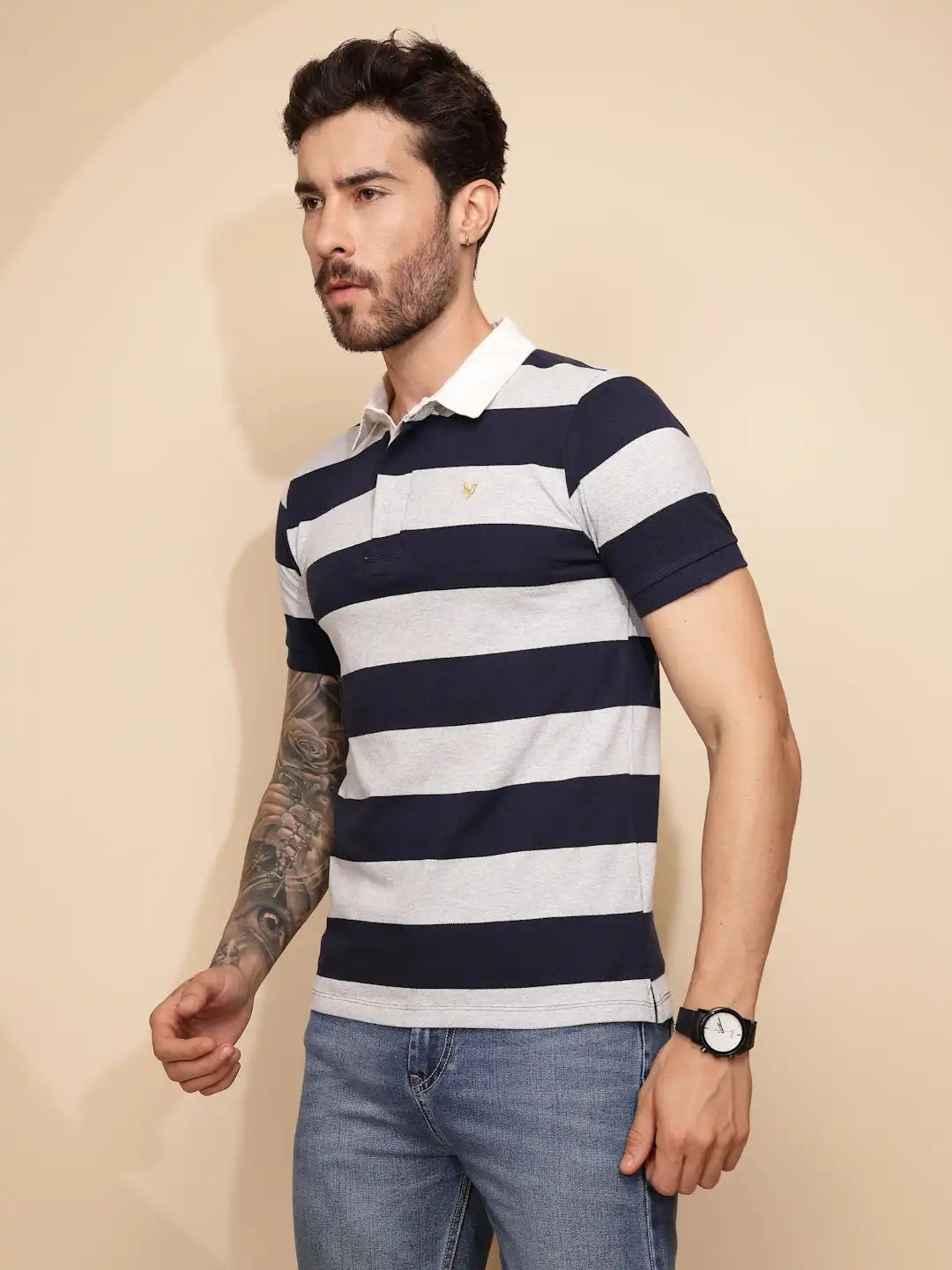 Grey and Blue Stripe Cotton Blend Regular Fit T-Shirt For Men - Global Republic