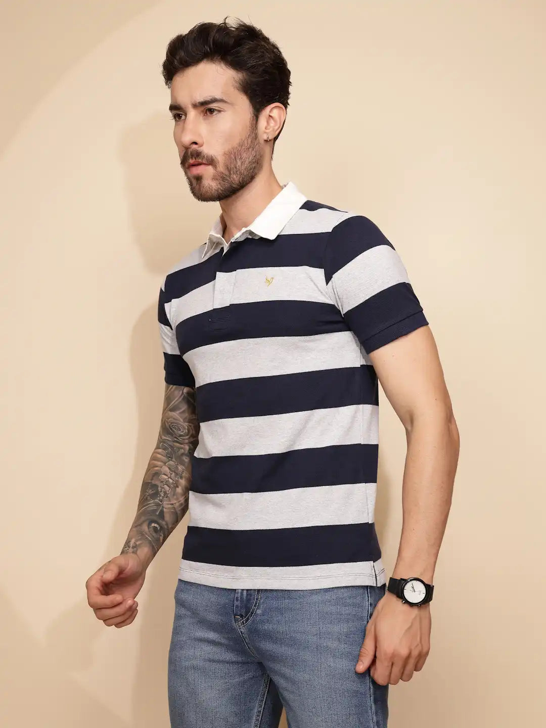 Grey and Blue Stripe Cotton Blend Regular Fit T-Shirt For Men