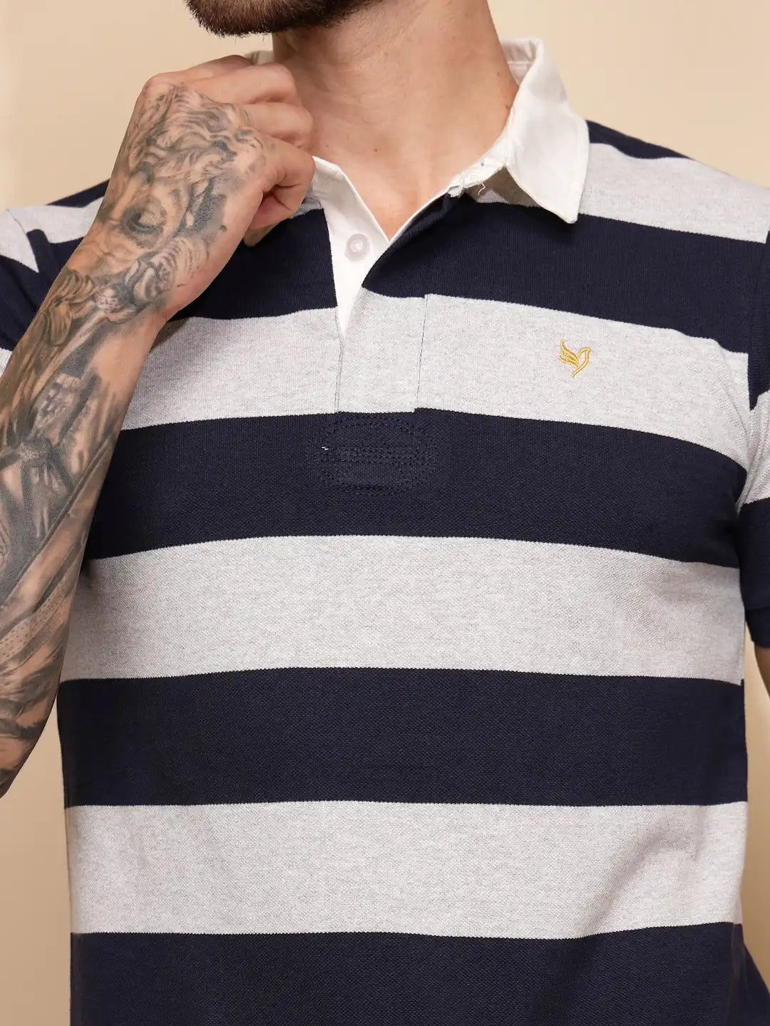 Grey and Blue Stripe Cotton Blend Regular Fit T-Shirt For Men - Global Republic