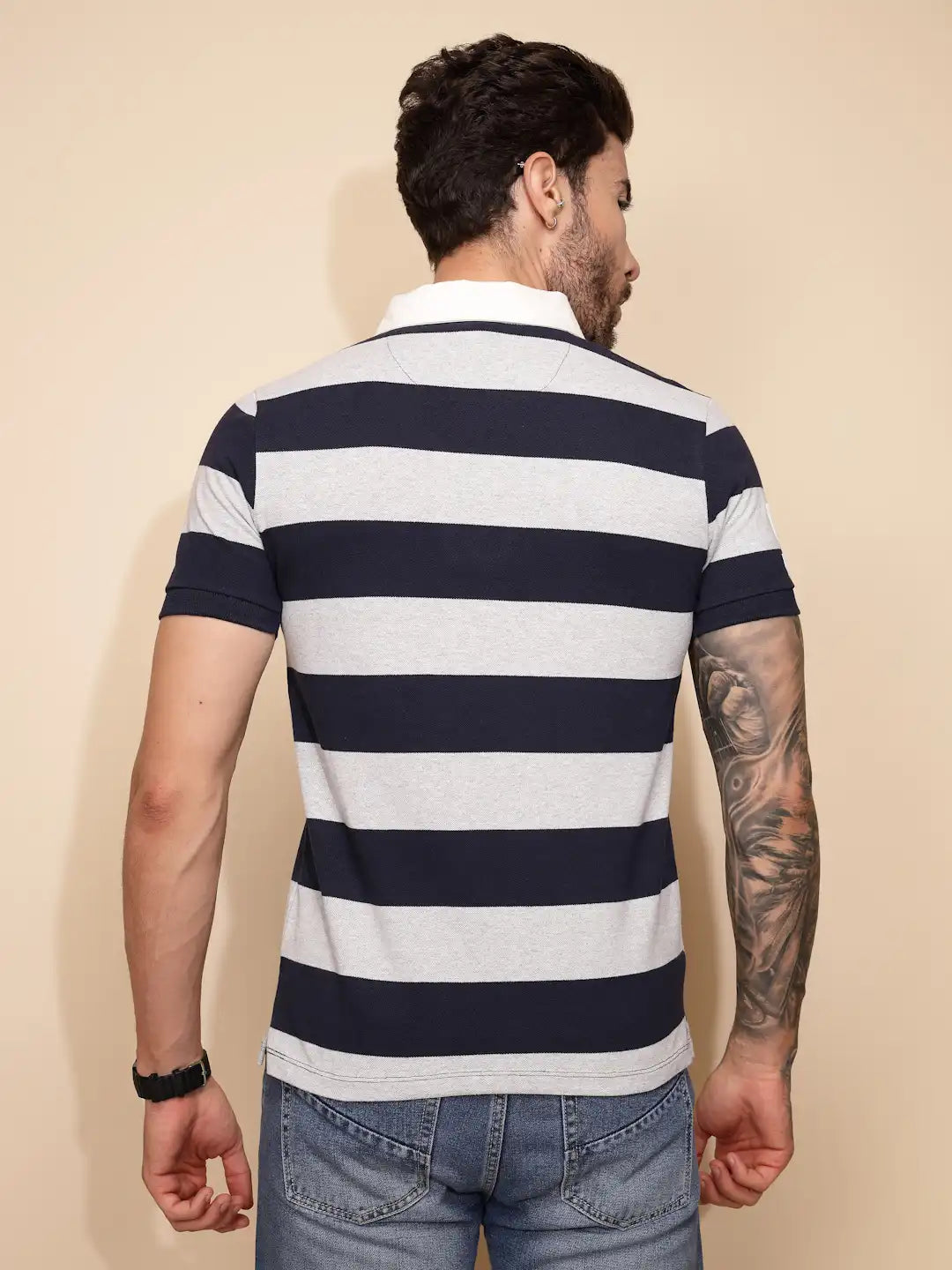 Grey and Blue Stripe Cotton Blend Regular Fit T-Shirt For Men - Global Republic